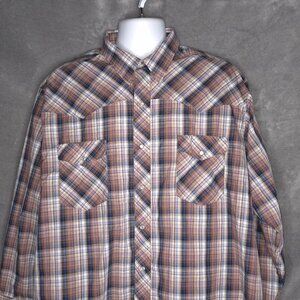 Wrangler Mens Retro Western Plaid Pearl Snap Shirt 2XL Long Sleeve Brown Blue